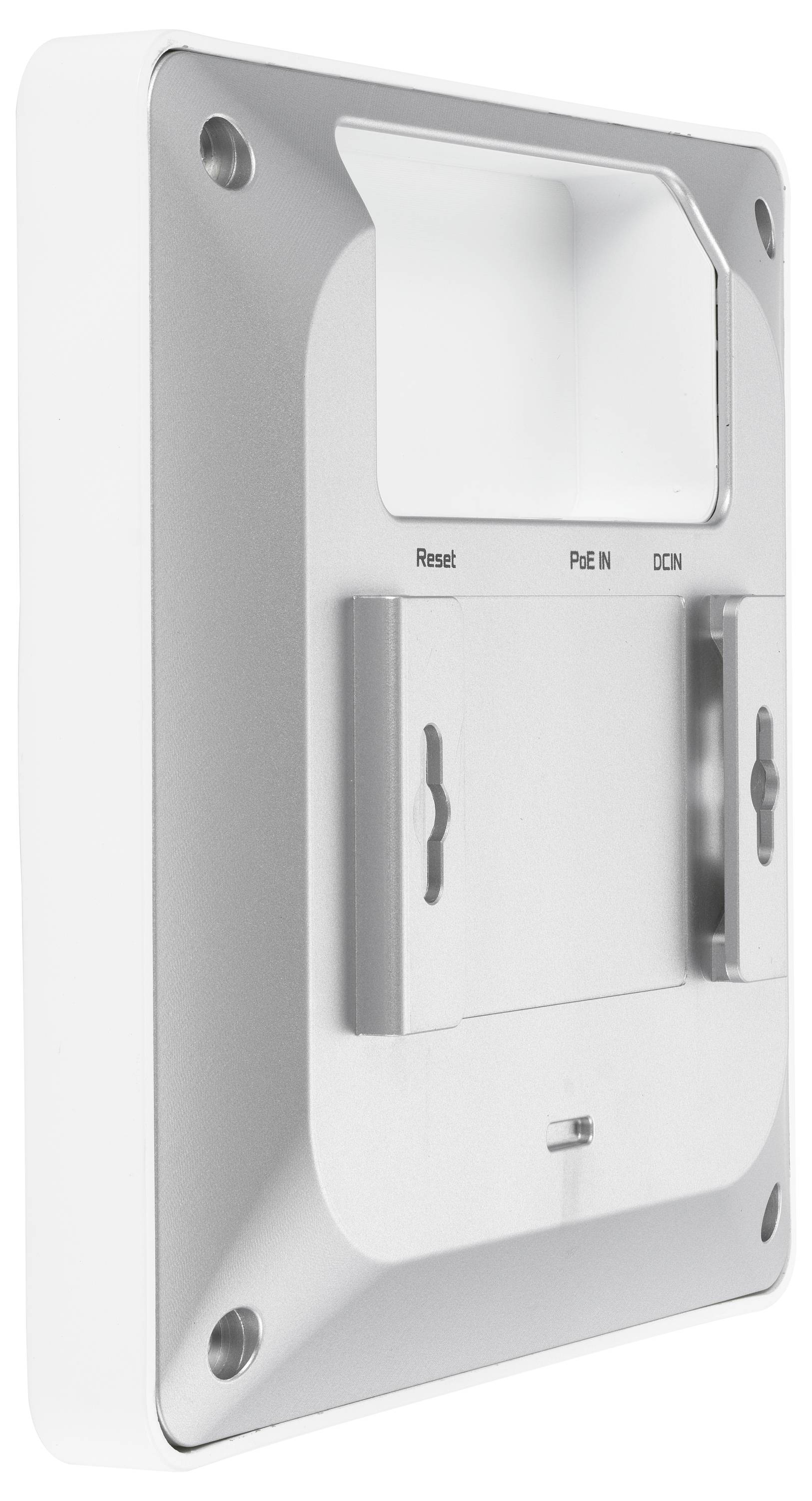 Montagehalterung in Silber und Weiß, geeignet für elektronische Geräte, mit Eingängen für 'Reset', 'PoE IN' und 'DC IN'.
