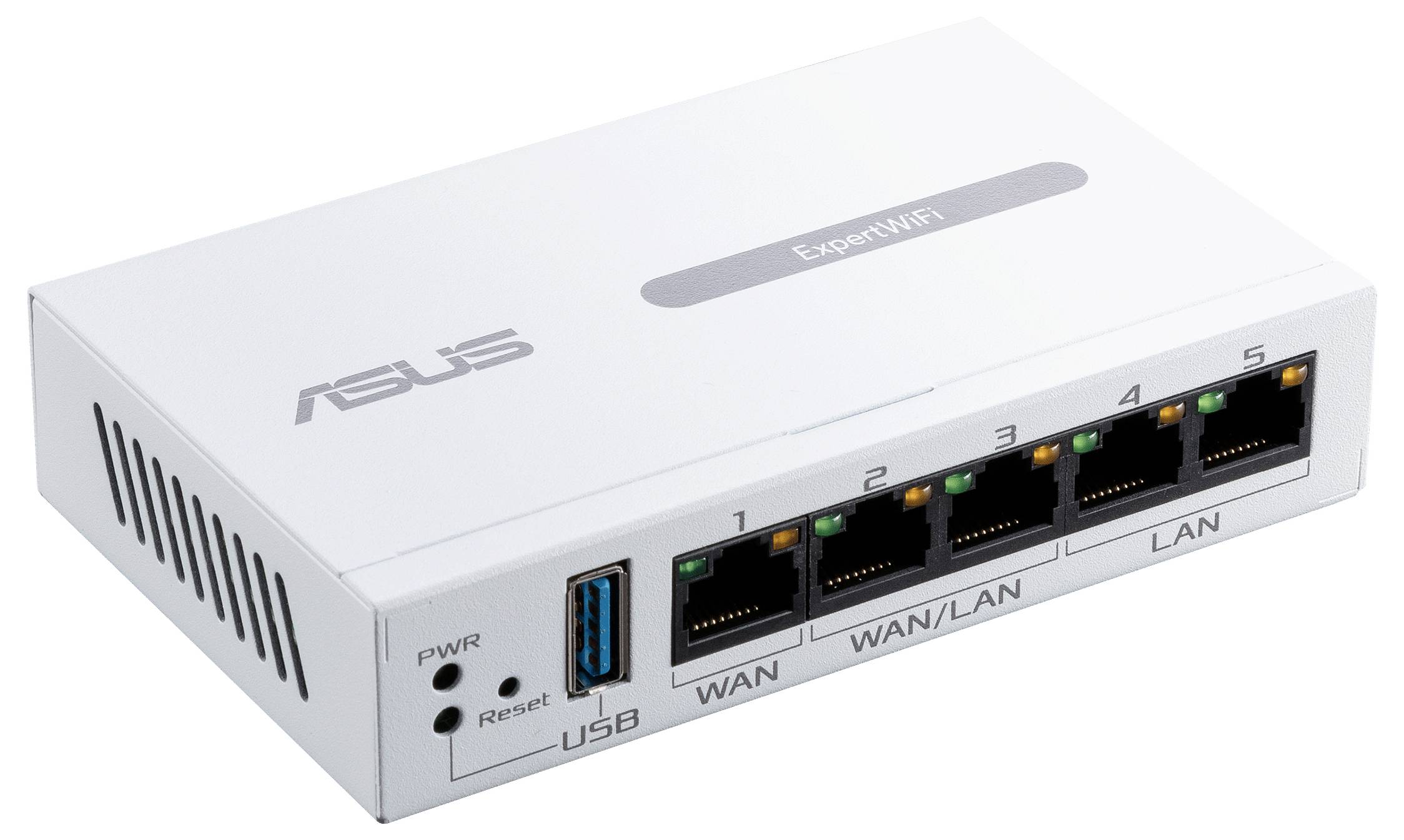 Ein weißer WLAN-Router mit fünf Ethernet-Ports, USB-Anschluss und einer 'Power'-LED-Anzeige. Markenname oben auf dem Gerät.