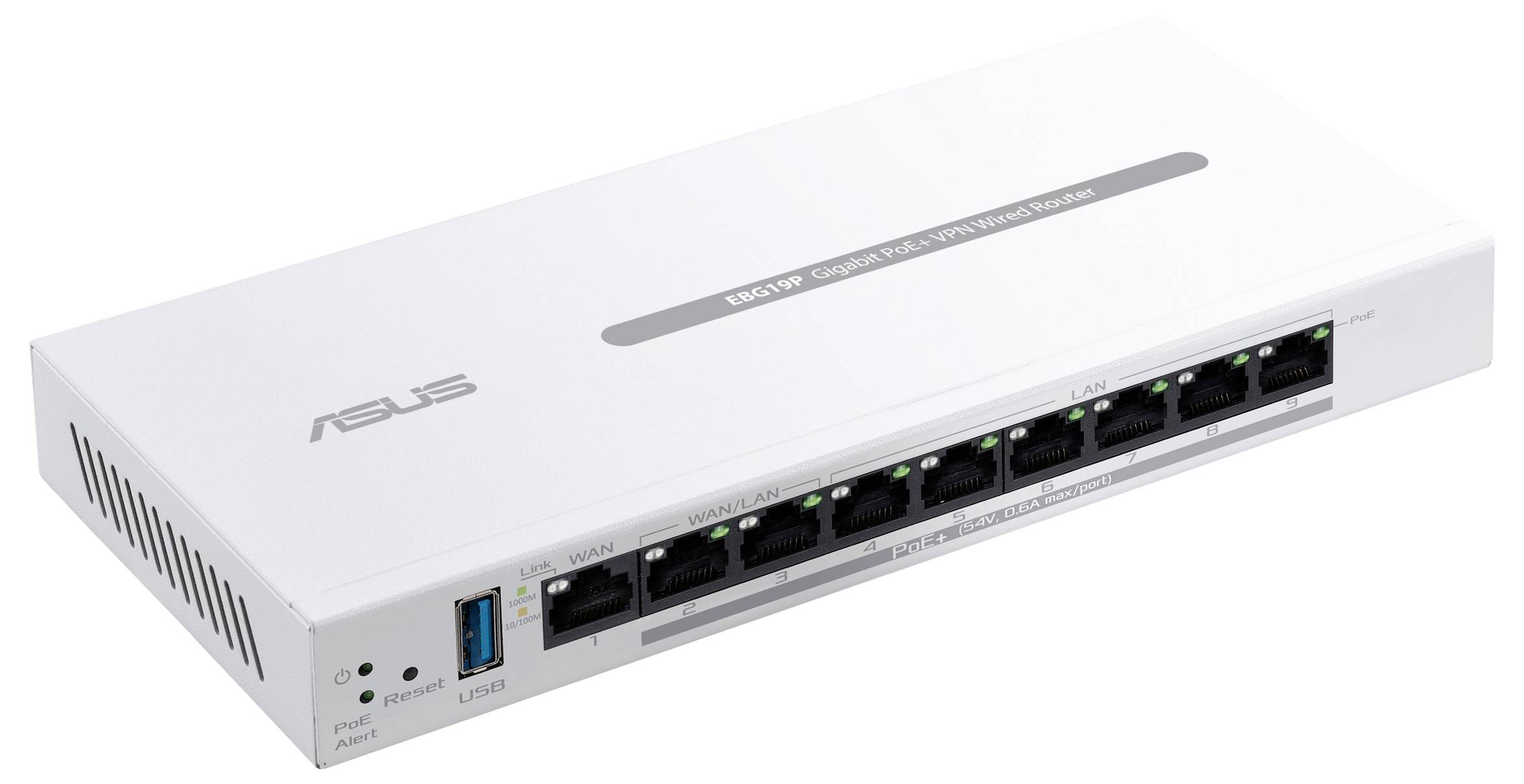 'Asus Gigabit VPN-Router' mit acht angeschlossenen Ethernet-Ports, geeignet für den LAN- und WAN-Betrieb in Heim- oder Büro-Netzwerken.