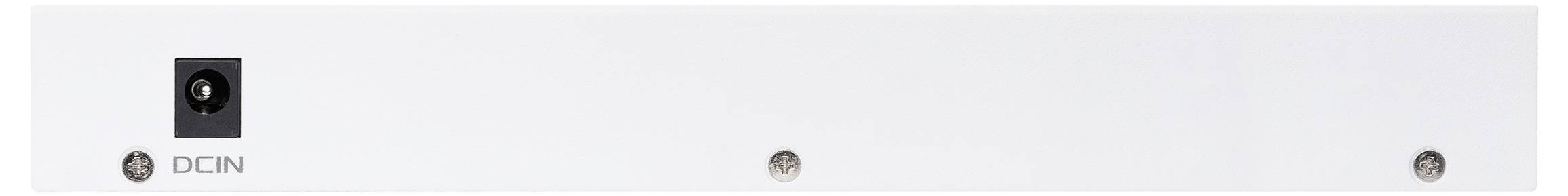 Ein weißes Paneel mit einem DCIN-Anschluss und zwei Schrauben.