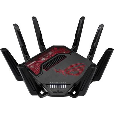 Schwarzer Router mit acht Antennen, leuchtende rote Oberseite mit Logo und Anzeigeleuchten an der Vorderseite.
