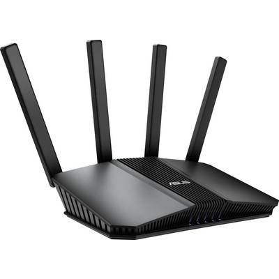 Ein schwarzer WLAN-Router mit vier vertikalen Antennen. Gerät ist zur schnellen Internetverbindung über drahtlose Netzwerke geeignet.