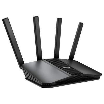 Ein schwarzer WLAN-Router mit vier senkrecht stehenden Antennen zur Signalverstärkung.
