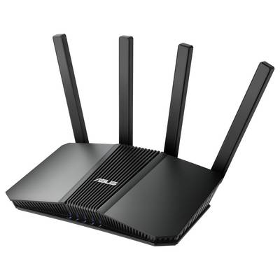 Ein schwarzer WLAN-Router mit vier Antennen, die nach oben zeigen, auf einer weißen Oberfläche.