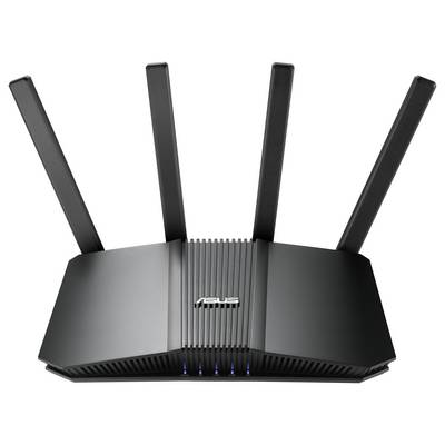 Ein WLAN-Router mit vier Antennen und einem glänzenden schwarzen Gehäuse. Das ASUS-Logo befindet sich in der Mitte.