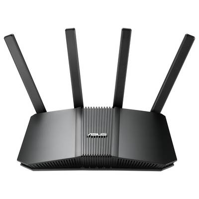 Ein schwarzer WLAN-Router mit vier Antennen, die nach oben zeigen. Vorderansicht zeigt das ASUS-Logo in der Mitte des Geräts.