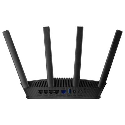 Ein schwarzer WLAN-Router mit vier Antennen. Rückansicht zeigt mehrere Anschlüsse: LAN-Ports, einen USB-Port und einen Schalter.