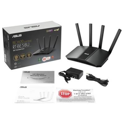 WLAN-Router mit vier Antennen und Verpackung. Zubehör: Netzteil, Ethernet-Kabel, Bedienungsanleitung, Garantiekarte, Support-Karte.