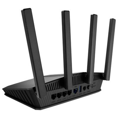 Ein schwarzer WLAN-Router mit vier hervorgehobenen Antennen, Rückseite zeigt Anschlüsse und LEDs.