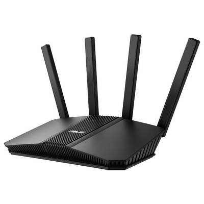 Ein schwarzer WLAN-Router mit vier Antennen ragt nach oben, bietet starke Internetverbindung und modernstes Design.