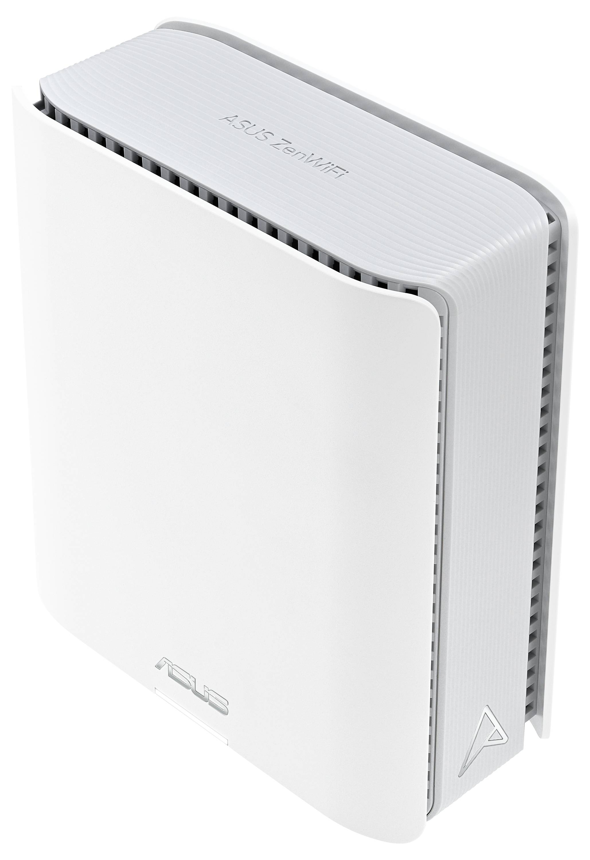 Ein weißer ASUS ZenWiFi-Router mit abgerundeten Kanten und Lüftungsschlitzen, stehend aufrecht, zeigt das Logo oben.