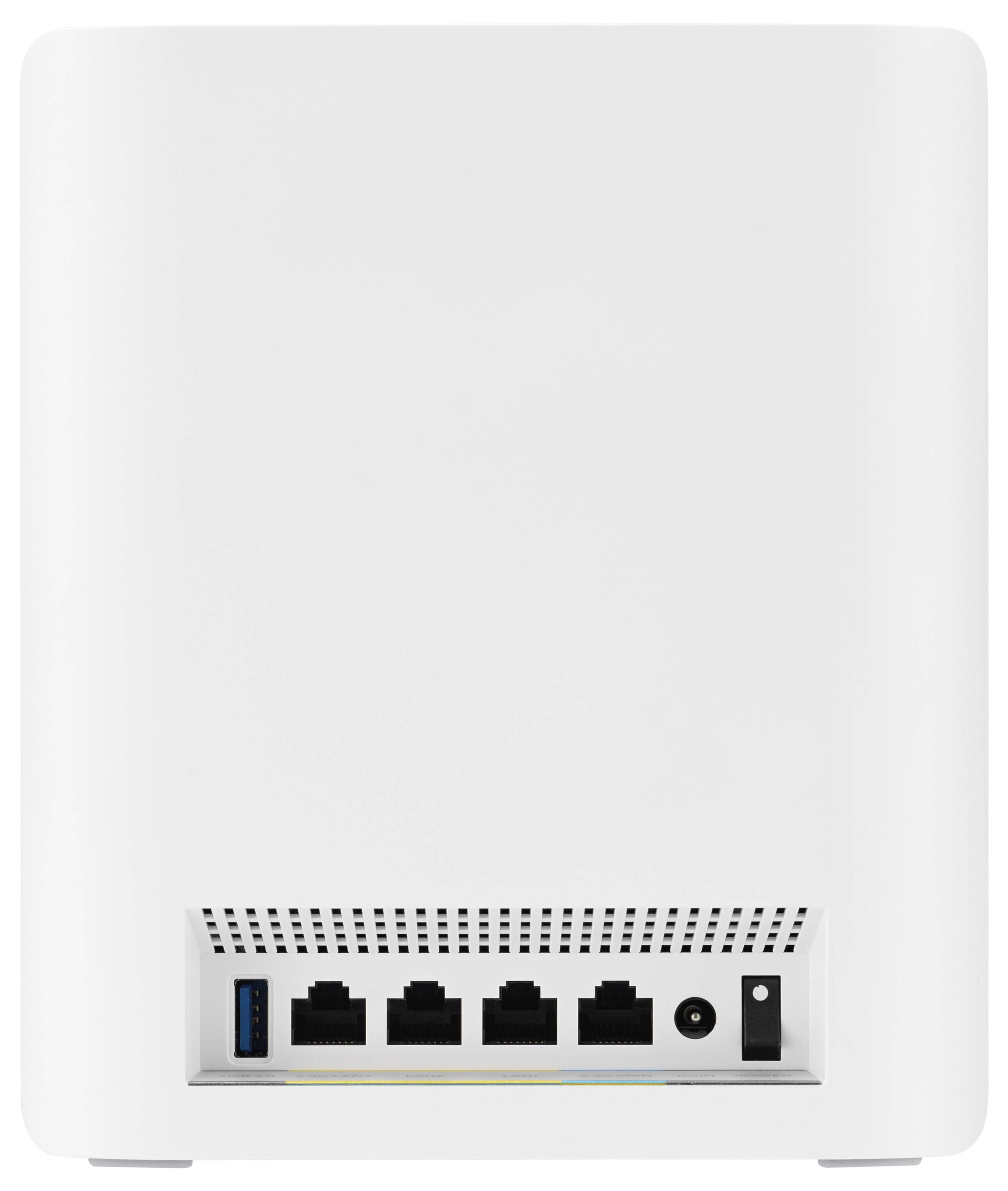 Rückseite eines weißen Routers mit vier Ethernet-Anschlüssen, einem USB-Anschluss und einem Stromanschluss, alle nebeneinander angeordnet.
