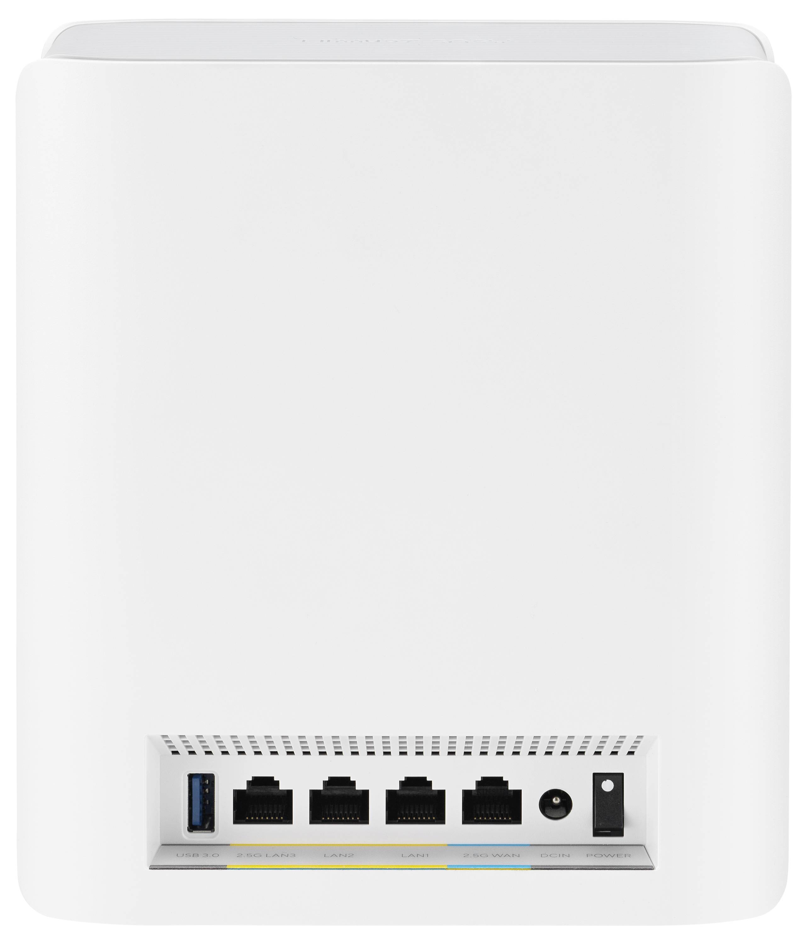 Weiße Rückseite eines WLAN-Routers mit vier Ethernet-Ports, einem USB-Anschluss und einem Stromanschluss.