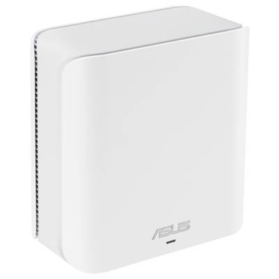 Ein weißer Asus-Router mit abgerundeten Ecken und vertikalen Lüftungsschlitzen auf der Seite.