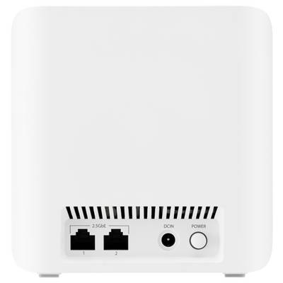 Rückseite eines weißen Netzwerngeräts mit Netzanschluss, zwei Ethernet-Ports und einem runden Power-Button.
