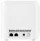 Rückseite eines weißen Netzwerngeräts mit Netzanschluss, zwei Ethernet-Ports und einem runden Power-Button.