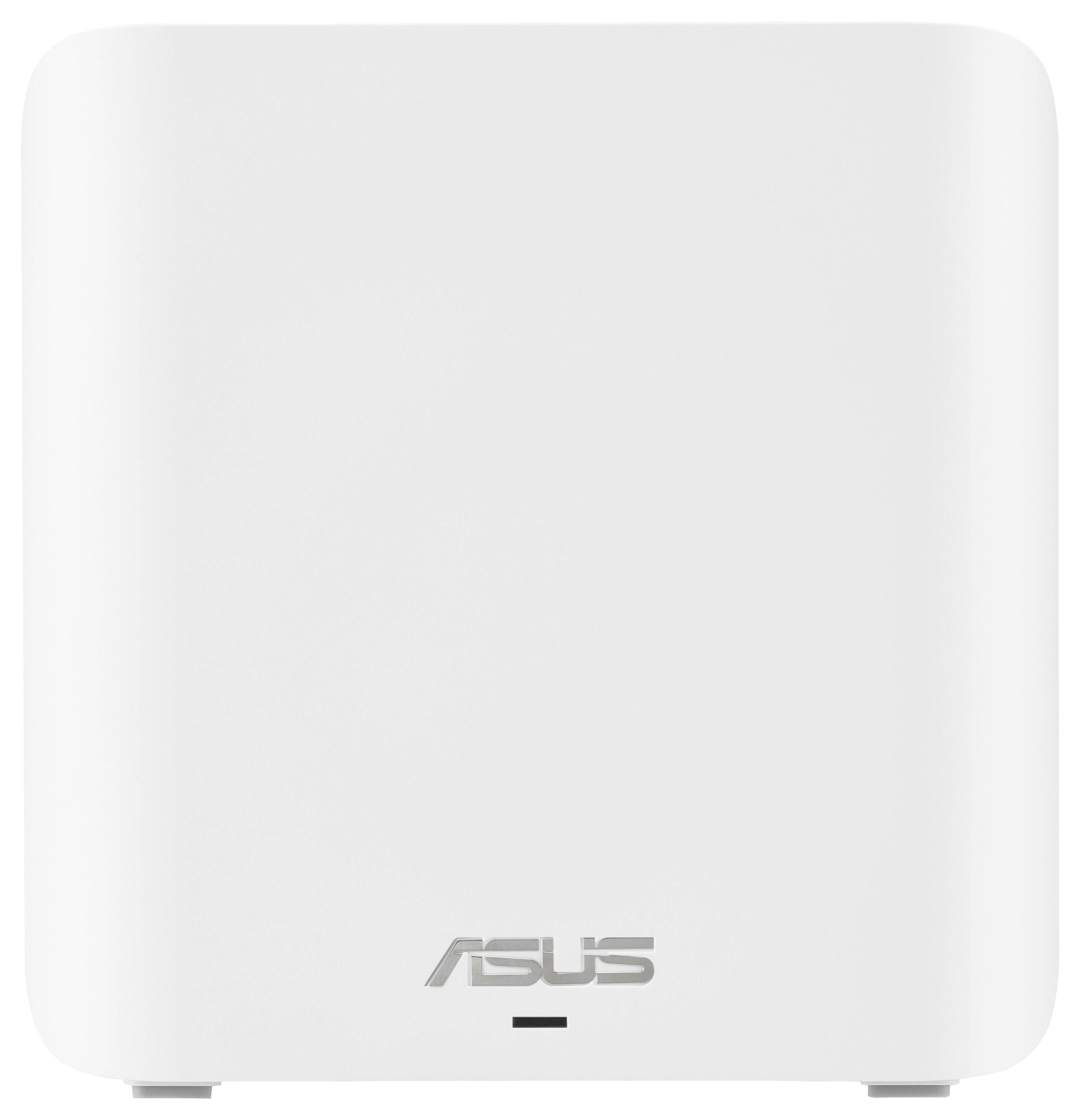 Ein weißer Asus-Router mit minimalistischem Design, rechteckige Form mit abgerundeten Ecken, geeignet für drahtlose Netzwerke.
