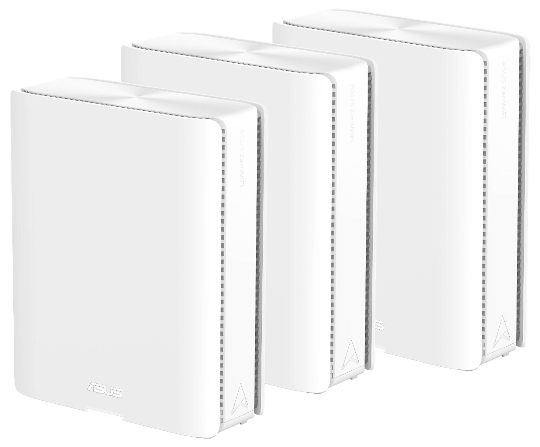 Drei weiße WLAN-Mesh-Router nebeneinander aufgereiht, mit minimalistischem Design.