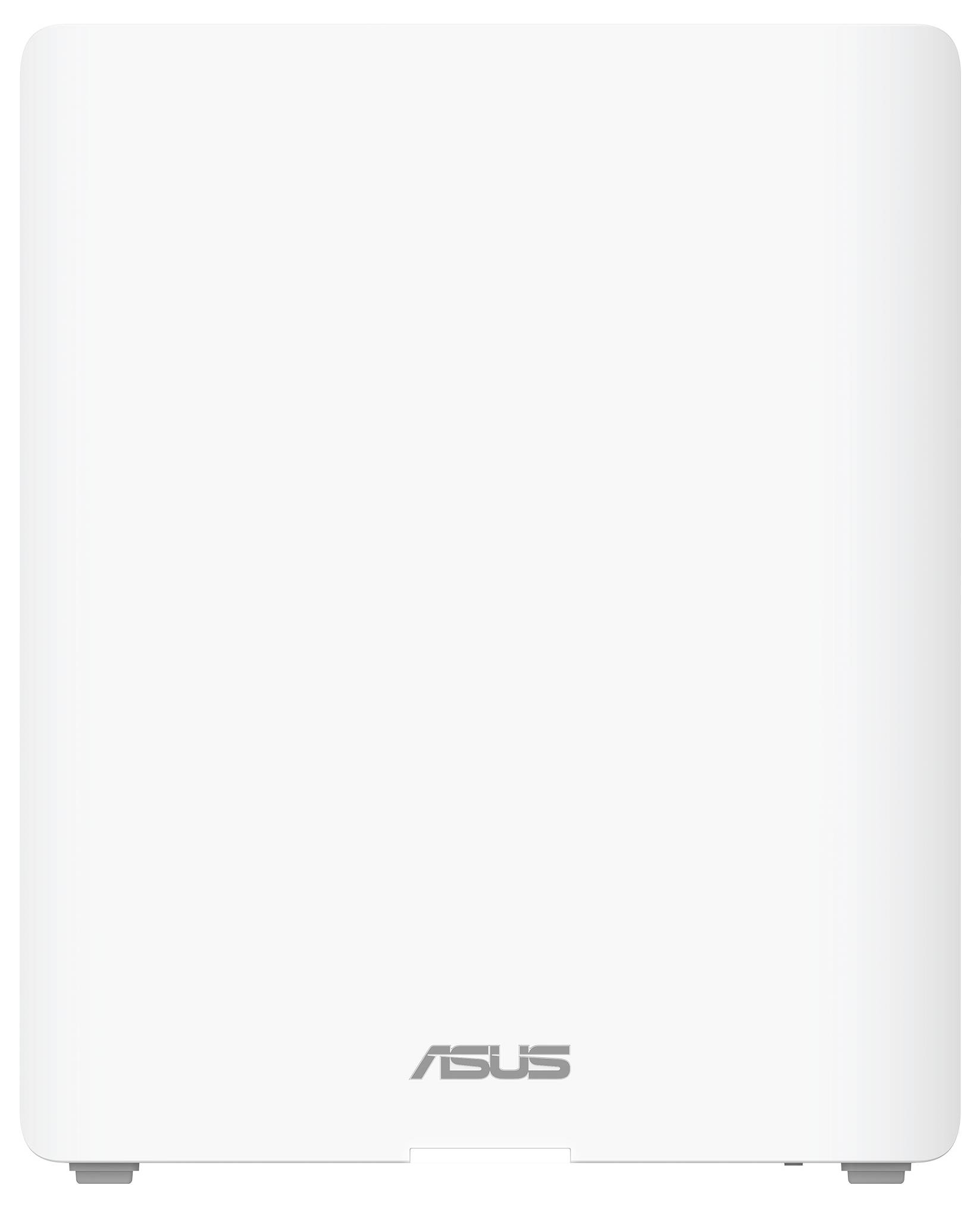 Ein weißes rechteckiges Gerät mit abgerundeten Ecken, auf dem 'ASUS' steht; vermutlich ein technisches Gerät, wie ein Router.