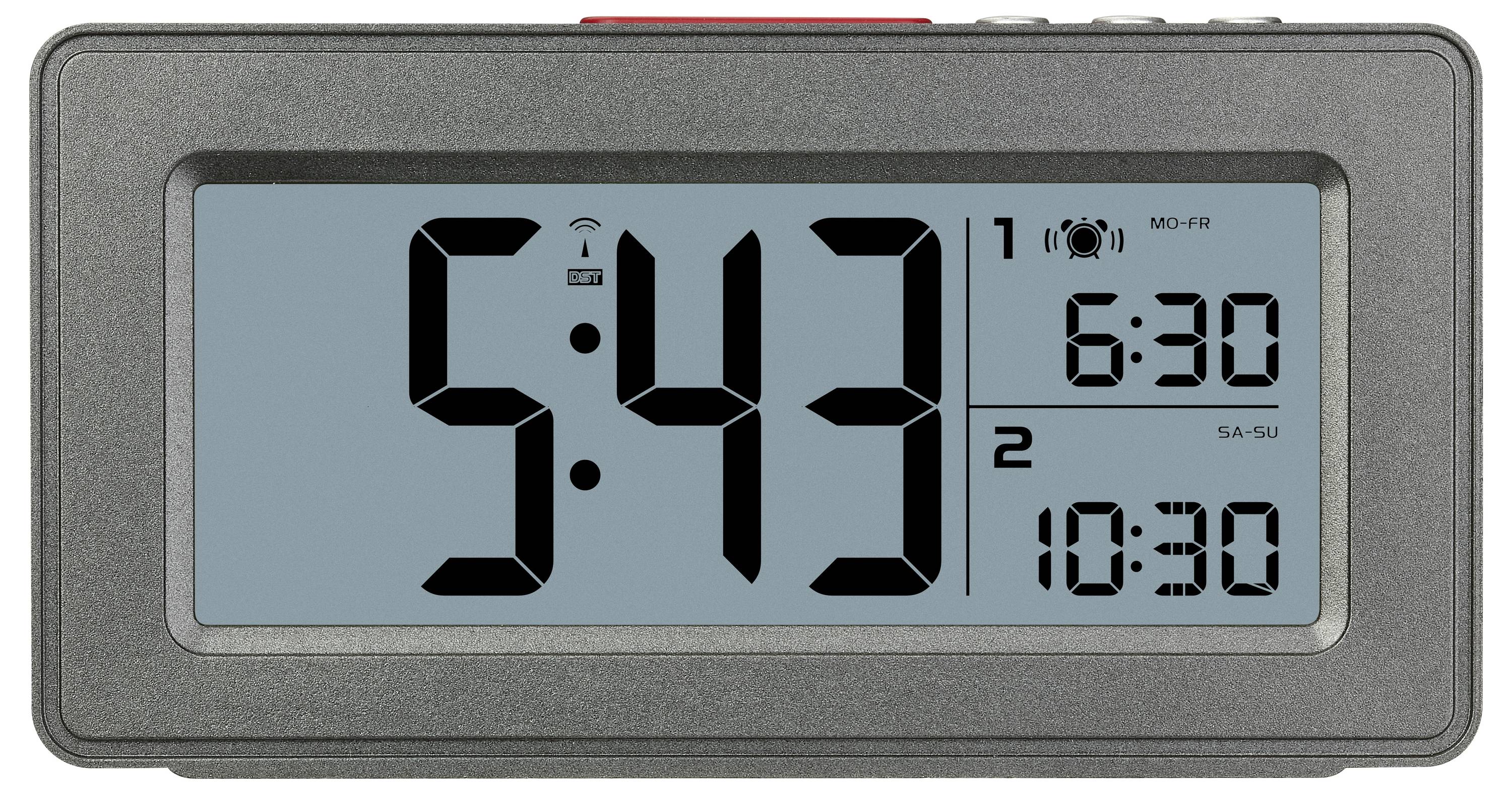 Elektronische Uhr zeigt 5:43 Uhr. Zwei Weckzeiten sind eingestellt: 6:30 Uhr (Mo-Fr) und 10:30 Uhr (Sa-So).