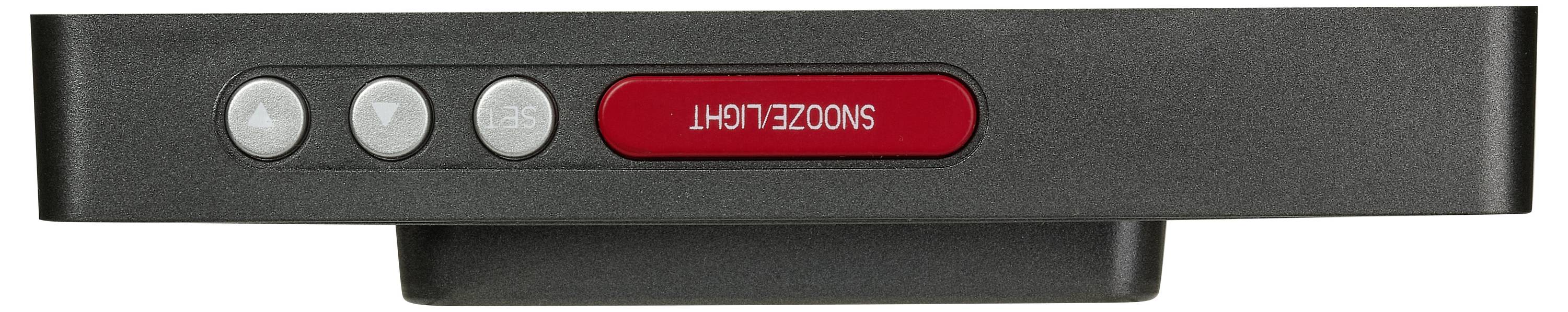 Flaches elektronisches Gerät mit drei grauen Knöpfen und einem roten Knopf, der mit 'SNOOZE/LIGHT' beschriftet ist.