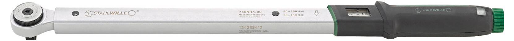 Drehmomentschlüssel mit Skala auf dem Griff, silber und schwarz, mit grünem Rändelrad.