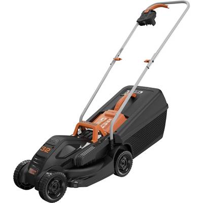 Elektrischer Rasenmäher in Schwarz und Orange, mit Griff und Grasfangkorb, auf grauem Hintergrund.