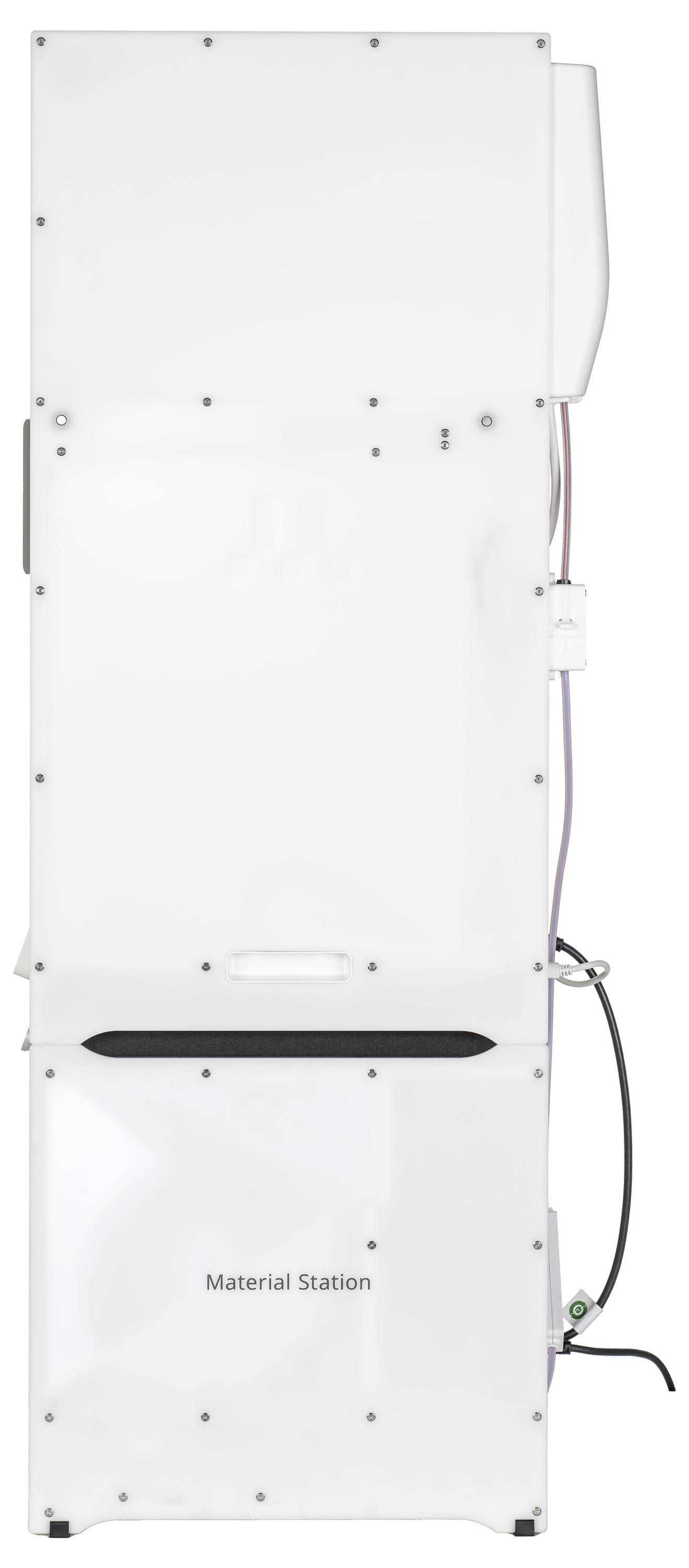 Weiße Materialstation mit rechteckiger Form und Kabeln an der Seite.