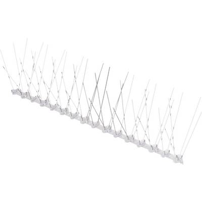 Metallische Vogelabwehrspikes auf einer Basisleiste. Die Spikes sind gleichmäßig verteilt und verhindern, dass Vögel landen.