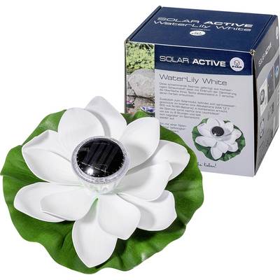 'WaterLily White' schwimmende Solarlampe in Form einer weißen Blume mit grünem Blatt; Verpackung mit Produktinfo im Hintergrund.