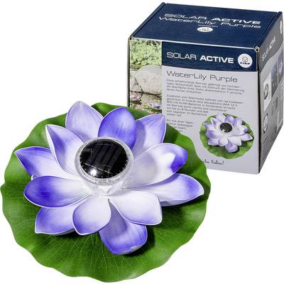 Solarlampe in Form einer lila Seerose, schwimmend auf einem grünen Blatt, mit Verpackung im Hintergrund.