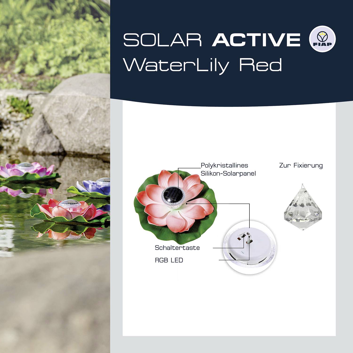 'Produktbild einer solarbetriebenen Wasserlilie in Rot. Details zu Solarpanel, Schaltertaste und Fixierung werden gezeigt.'