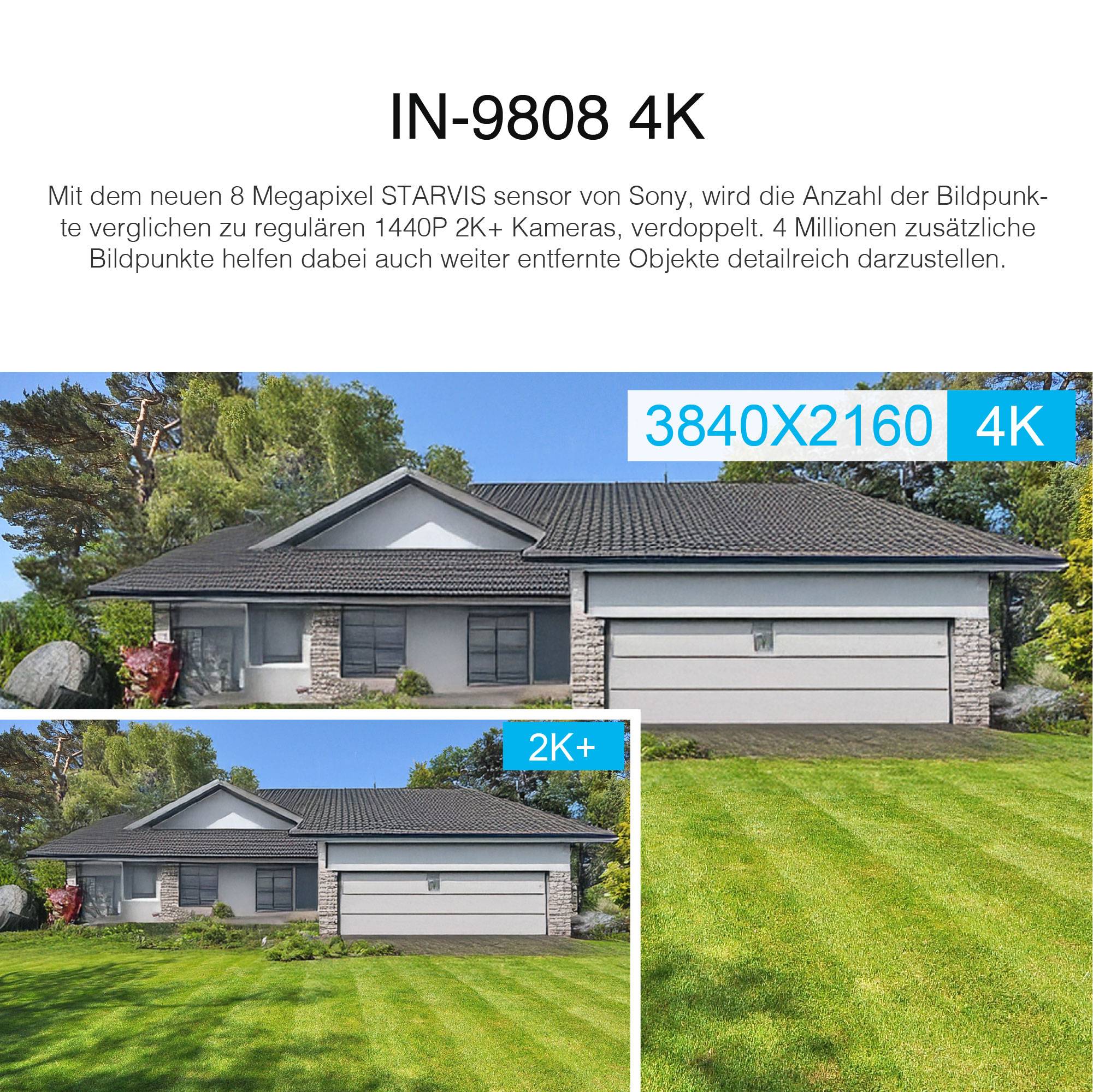 'IN-9808 4K' Kamera mit 8 Megapixeln, zeigt deutlicher Details im Bildvergleich. Objekte werden detailreicher als bei herkömmlichen 2K-Kameras dargestellt.