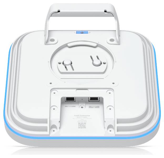Ein weißer WLAN-Zugangspunkt mit quadratischer Form, ausgestattet mit Ethernet-Anschlüssen und einer Halterung an der Rückseite, in Blau hervorgehoben.