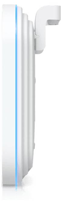 Seitenansicht eines kreisförmigen weißen Geräts mit einem gebogenen Clip oben und einem blauen Licht entlang des Randes.