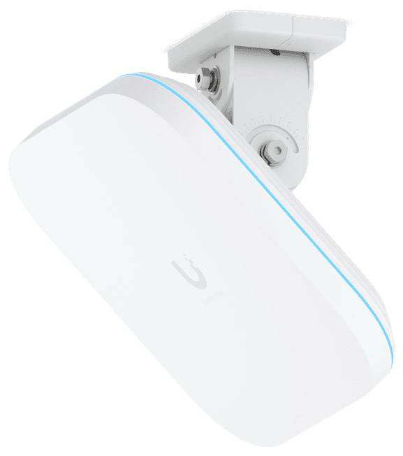 Ein weißer, deckenmontagefähiger drahtloser Access Point mit einer geschwungenen, modernen Designoptik, der eine dezente blaue LED-Indikatorleiste entlang seiner Kante aufweist.