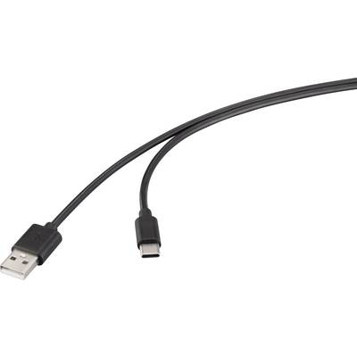 Ein USB-C zu USB-A Kabel mit schwarzen Anschlüssen und einem langen, flexiblen Kabel, das die gängigen Anschlüsse zum Verbinden elektronischer Geräte zeigt.