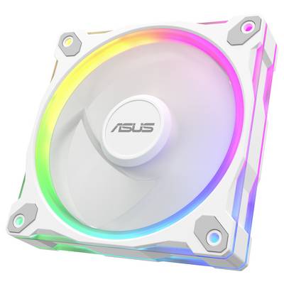 Ein weißer ASUS-Computerlüfter mit RGB-Beleuchtung leuchtet in verschiedenen Farben entlang der Kanten.