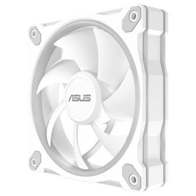 Ein weißer Computerlüfter der Marke 'ASUS' mit quadratischem Rahmen und fünf Rotorblättern, entwickelt für die Luftzirkulation in Computersystemen.