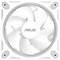 Ein weißer ASUS-Computerlüfter mit mehreren Rotorblättern in einem quadratischen Rahmen, entwickelt zur Kühlung von Computersystemen.