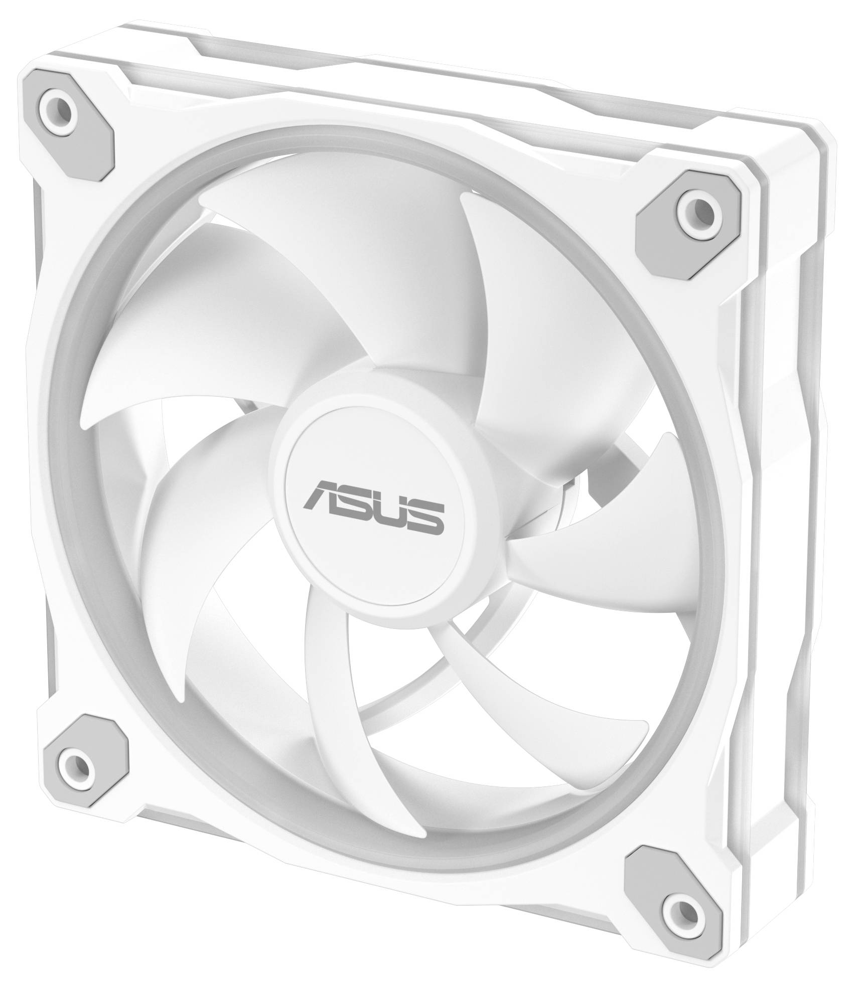 Ein weißer ASUS-Computerlüfter mit fünf Flügeln, der in einem quadratischen Rahmen montiert ist und zum Kühlen von PC-Komponenten entwickelt wurde.