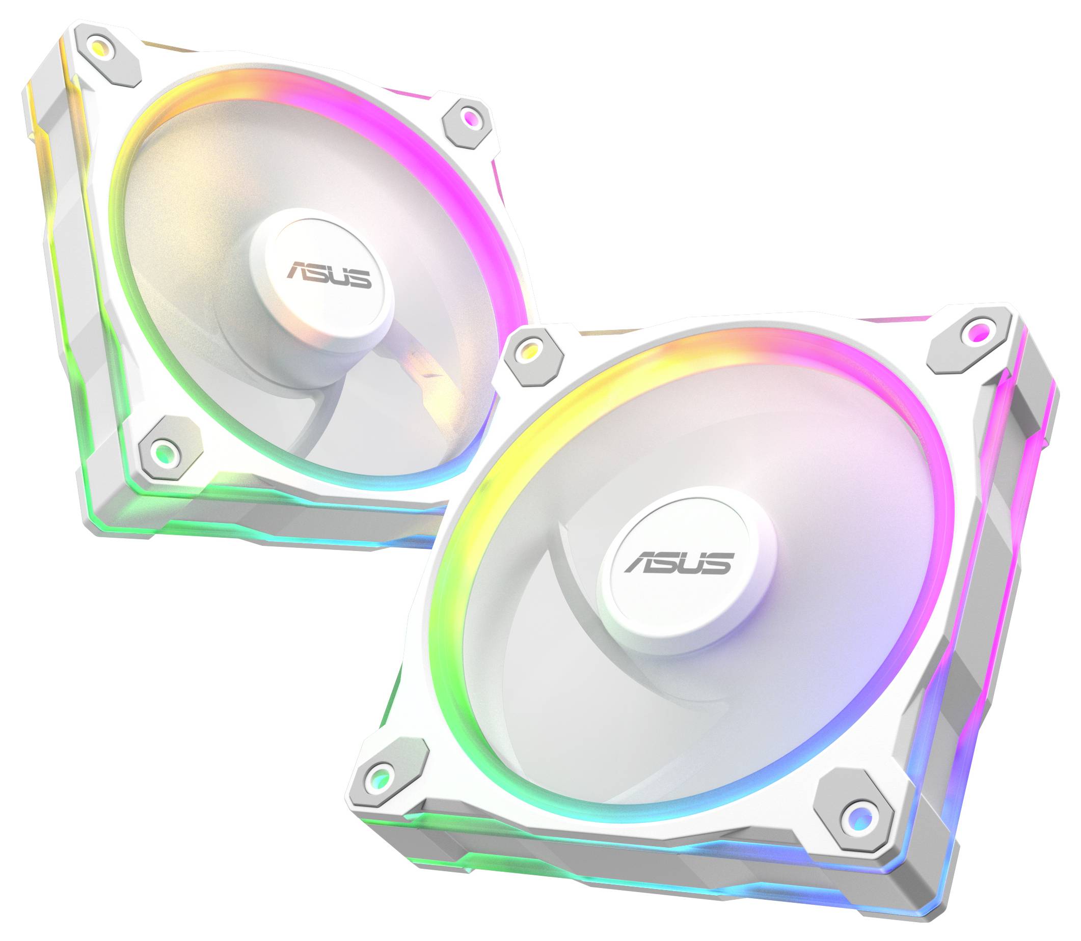 Zwei weiße ASUS-Computerventilatoren mit RGB-Beleuchtung, die jeweils ein Farbspektrum an den Kanten zeigen, vor einem einfarbigen Hintergrund.