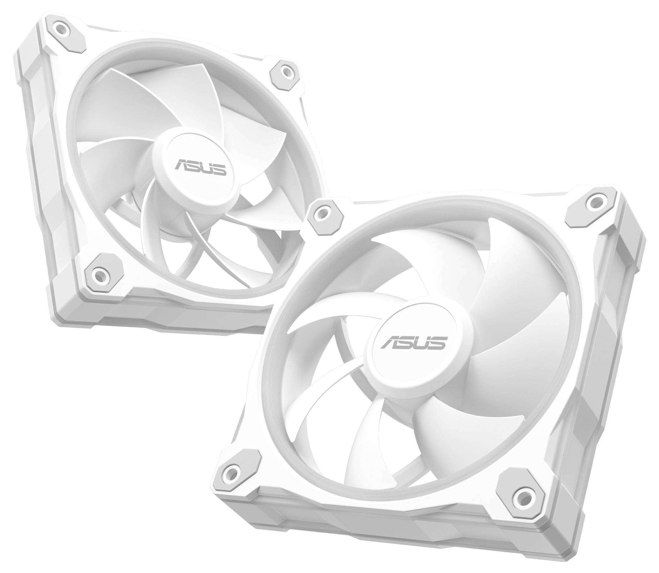 ASUS weiße Computer-Kühlventilatoren mit Logo, die ein schlankes Design aufweisen und vor einem einfarbigen Hintergrund zusammen angewinkelt sind.