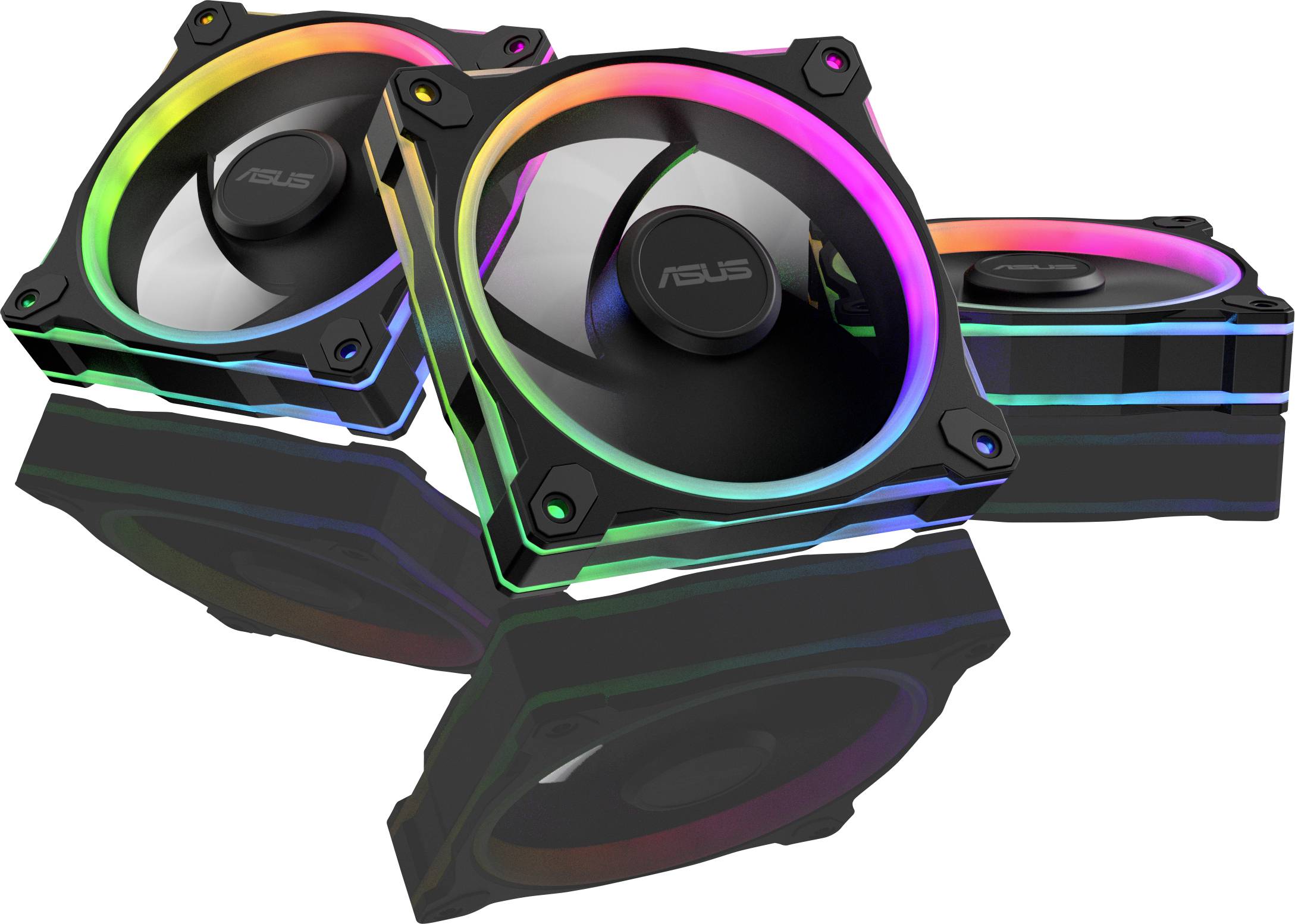 Drei RGB-Computerlüfter mit bunten LED-Beleuchtungen, in verschiedenen Winkeln angeordnet.