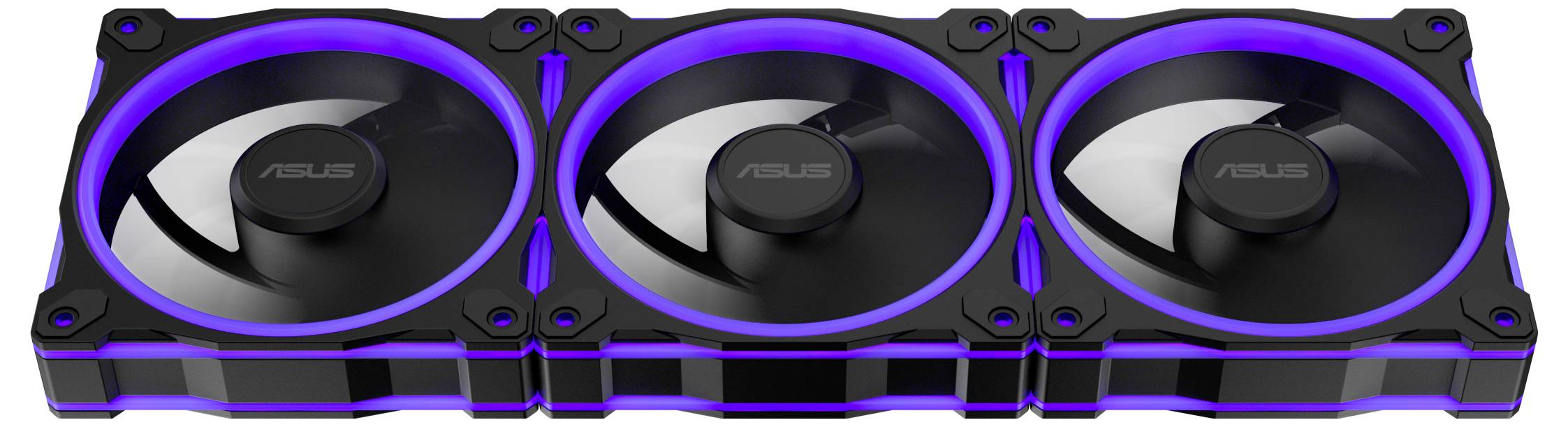 Drei schwarze Computer-Kühlventilatoren mit lila LED-Beleuchtung, nebeneinander aufgereiht, versehen mit dem 'ASUS'-Logo auf jedem Ventilator.