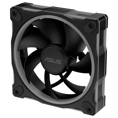 Ein schwarzer Computer-Kühlventilator mit dem 'ASUS' Logo in der Mitte, ausgestattet mit einem kompakten Design mit fünf Rotorblättern und einem quadratischen Rahmen.