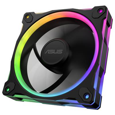 Ein Computerkühlventilator mit lebendiger RGB-Beleuchtung, der mehrere Farben am Rahmen und an den Rotorblättern zeigt, in der Mitte mit 'ASUS' beschriftet.