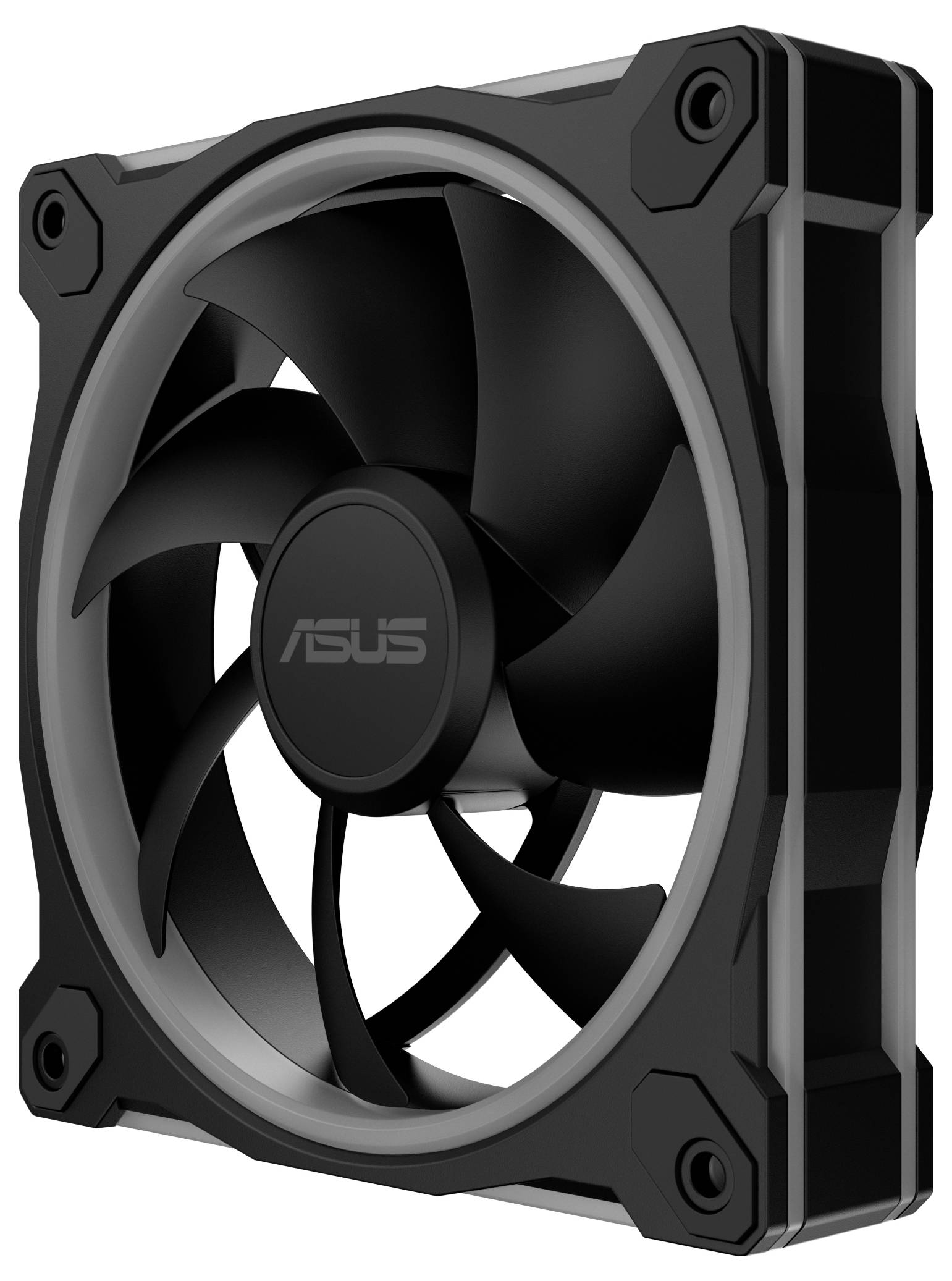 Ein schwarzer Computer-Kühlventilator mit fünf Rotorblättern, in einem quadratischen Rahmen montiert, mit der Markenbezeichnung 'Asus' in der Mitte. Geeignet für einen PC-Aufbau.