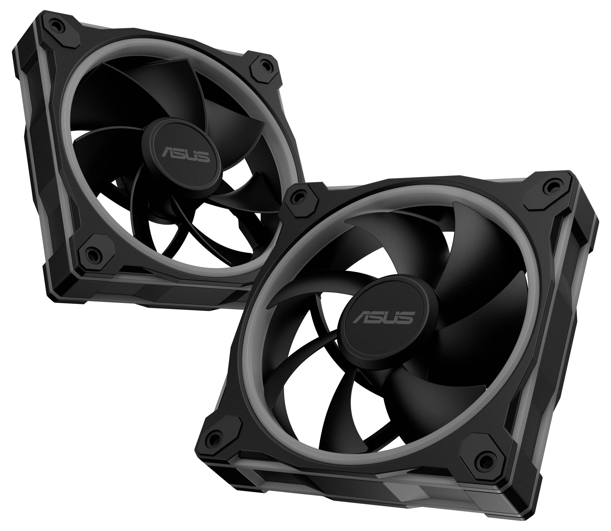 Zwei schwarze ASUS Computerkühlventilatoren mit sichtbarer Markierung, für visuelle Betonung gewinkelt vor einem neutralen Hintergrund.