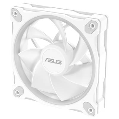 Ein weißer Computer-Kühlventilator mit einem sechseckigen Rahmen und dem 'ASUS' Logo in der Mitte, entwickelt für eine effiziente Luftzirkulation.